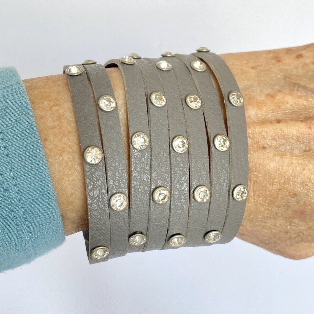 Wide Gray Faux Leather Rhinestone Studded Snap Cuff Bracelet Adjustable 7.5-8in